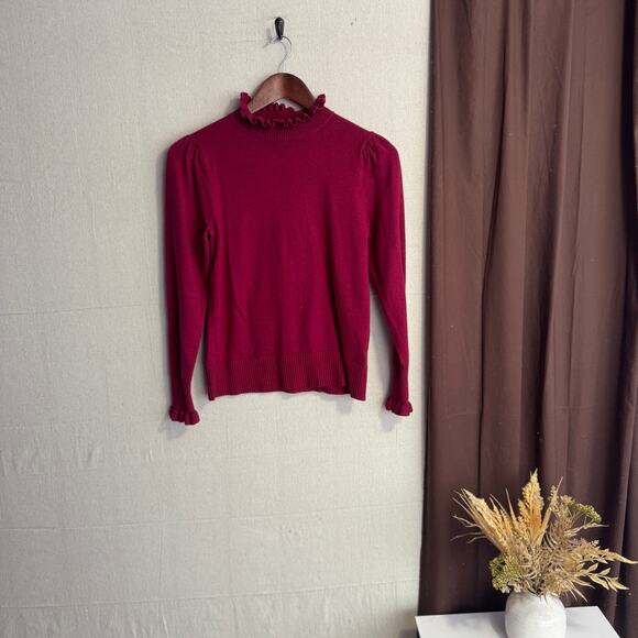 CeCe Sweater Size S Burgundy Red Ruffle Mock Neck Long Sleeve Lightweight Knit - Picture 1 of 10